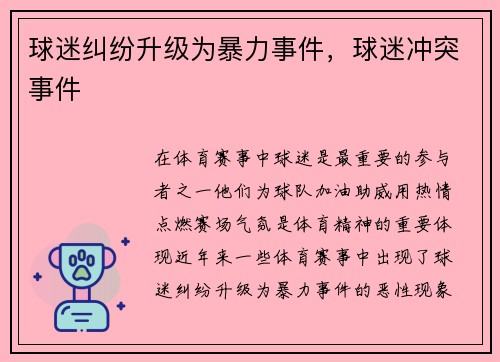 球迷纠纷升级为暴力事件，球迷冲突事件